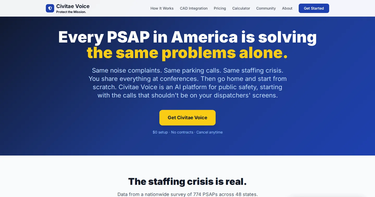 civitae.io homepage: Every PSAP in America is solving the same problems alone.